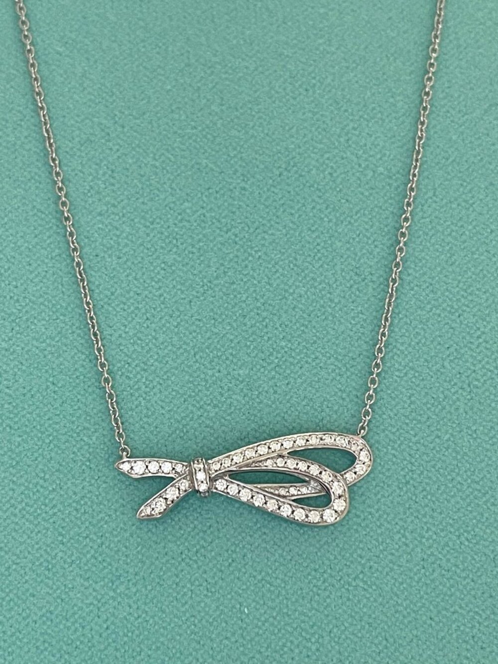 Tiffany & Co 18K White Gold Diamond Bow Pendant Chain Necklace
